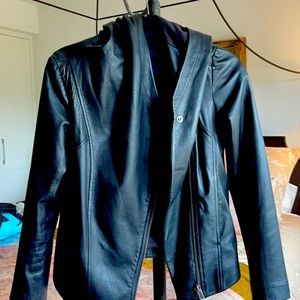 Helmut Lang soft black leather biker jacket with deep hood and zipped pocket